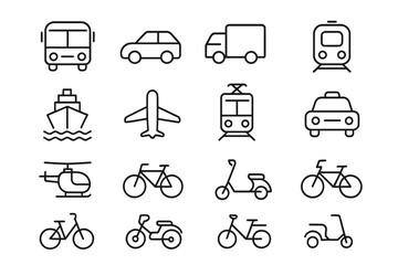 Minimalist black outline symbols for public and private transportation vehicles and travel modes
