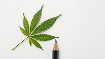 A leaf of cannabis plant and a black pencil on a white background.
