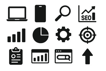 Fototapeta premium Digital Marketing Icons. Digital marketing. Solid icon set of Digital marketing: laptop, smartphone, magnifying glass, SEO graph, bar chart, pie chart, gear,