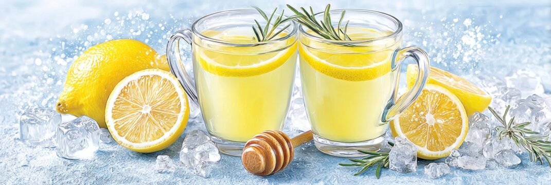 Two clear glasses filled with lemon drink sit among ice, fresh lemons, and honey with rosemary as decoration