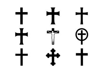 Collection of nine different black Christian cross symbols and religious icons