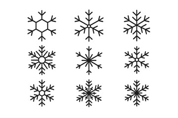 Detailed black outline geometric snowflake shapes representing winter, cold weather, and Christmas