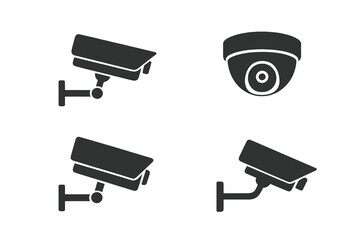 Set of black silhouette icons depicting various types of closed-circuit television security cameras © icon_art