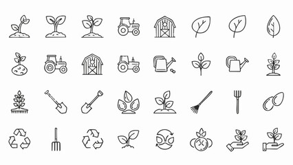 Collection of farm and nature icons in outline style agriculture plant