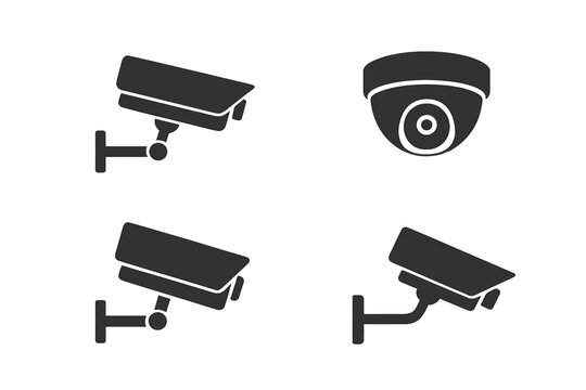 Set of black silhouette icons depicting various types of closed-circuit television security cameras