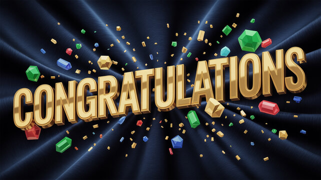 Ultra-realistic 3D design, bold glossy gold 'CONGRATULATIONS' letters, dynamic colorful confetti, deep black velvet background, cinematic lighting, high-resolution, luminous vibrant celebration scene. - Powered by Adobe