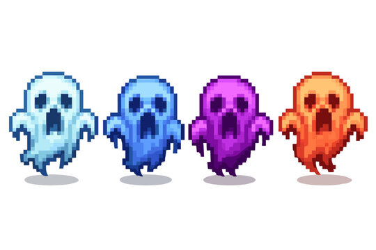 Four colorful screaming pixel art ghosts floating in a row for retro video game assets