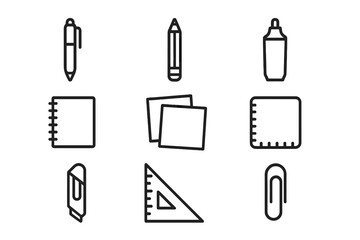 Set of linear black icons representing essential school supplies and stationery