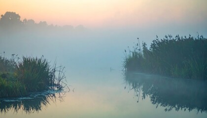 a beautiful magical mysthical foggy pond in a forest at sunset