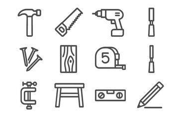 Obraz premium Carpentry Tools Icons. Carpentry Tools. Line icon set of Carpentry Tools: hammer, saw, drill, screwdriver, nails, wood plank, measuring tape, chisel, clamp,