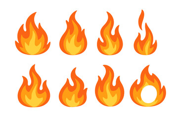 Set of stylized orange and yellow fire flames graphic elements on white background