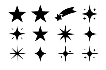 Twelve black silhouette star shapes and sparkle symbols for decorative design