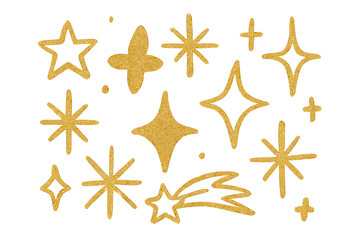 Obraz premium Set of golden glitter doodle stars, shining sparkles, and celestial elements