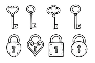 Vintage skeleton keys and antique padlocks in sketchy hand drawn style