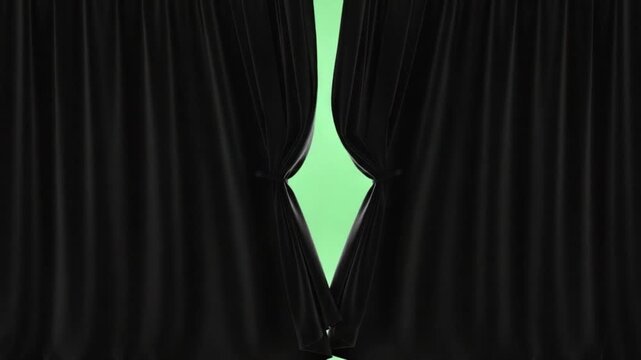 Unveiling the Scene: Black curtains are drawn, revealing a glimpse of the unseen beyond. The deep shadows of the drapery are contrasted by a vibrant flash of green.