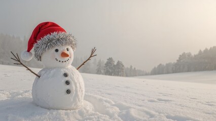 Obraz premium A snowman wearing a red Santa hat in a snowy landscape with a forested background. Winter holiday and Christmas theme. The concept of winter, snow, and festive celebration.