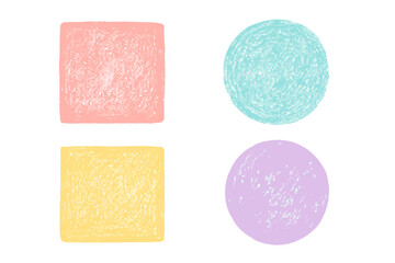 Rough crayon textured geometric shapes in pastel colors on white background