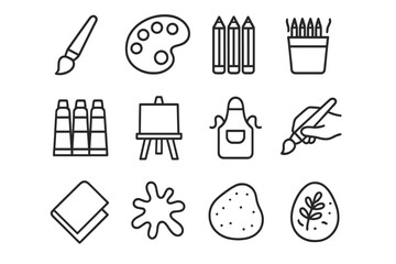 Creative Art Tools. Creative art tools. Line icon set of Creative art tools: paintbrush, palette, colored pencils, paint tubes, easel, water cup, artist apron,