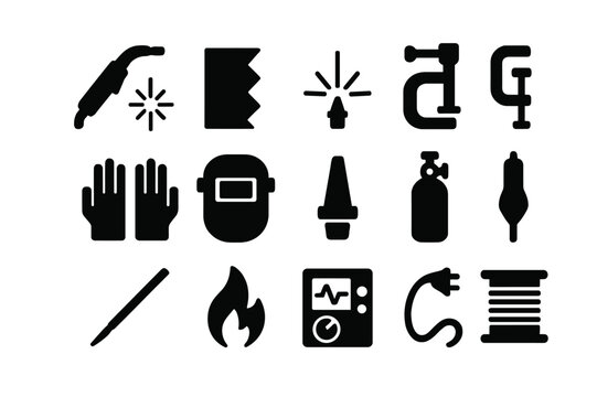 Plasma Cutting Icons. Plasma cutting. Solid icon set of Plasma cutting: cutting torch, metal sheet, sparks, clamp, protective gloves, mask, nozzle, gas