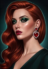 Radiant siren with cascading red waves and jeweled allure beneath emerald shadows in an elegant evening ambiance