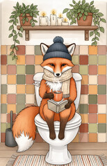 Whimsical fox calmly reading the morning newspaper while seated in a cozy tiled bathroom filled with gentle warm details
