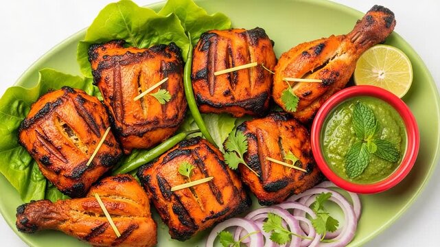 Delicious tandoori chicken with mint chutney and onion rings on a green plate