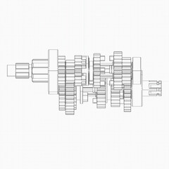 Technical line drawing of multi-gear transmission system with parallel shafts. Detailed schematic highlights gear alignment, mechanical complexity, and engineering logic in motion design.