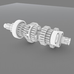 Monochrome 3D render of gear assembly with multiple interlocking gears, spacers, and shafts. Linear configuration emphasizes torque flow, mechanical precision, and transmission design logic.
