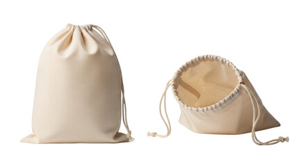 Two cotton drawstring bags one closed and one open transparent background cutout png