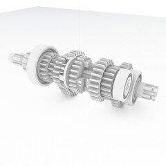 Monochrome 3D render of gear assembly with multiple interlocking gears, spacers, and shafts. Linear configuration emphasizes torque flow, mechanical precision, and transmission design logic.