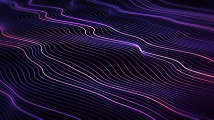 Flowing striped wave landscape formed by glowing neon lines gently bending across a dark background.  Abstract field of luminous streaks with purple, blue and pink glow effect. Seamless loop 4K 60fps