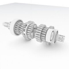 Monochrome 3D render of gear assembly with multiple interlocking gears, spacers, and shafts. Linear configuration emphasizes torque flow, mechanical precision, and transmission design logic.
