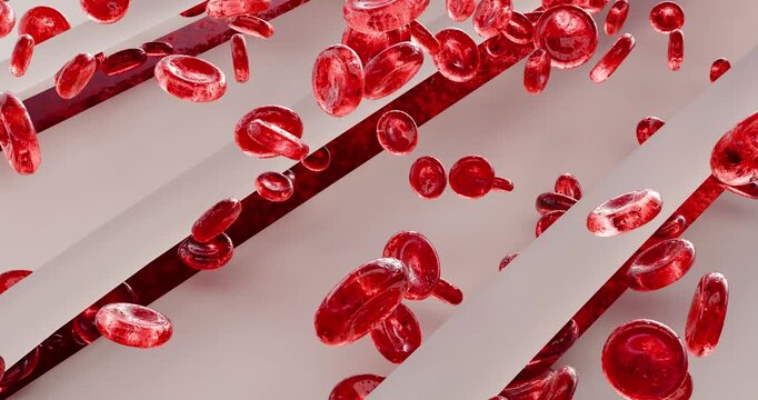 A 3D stylized animation simulating three unrealistic open wounds. Red oval cells symbolizing blood flow from the edges of a deep cut. Trauma, bleeding, for medical and advertising purposes.