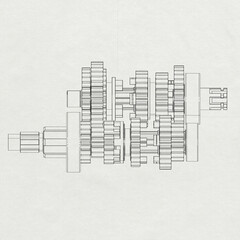 Technical line drawing of multi-gear transmission system with parallel shafts. Detailed schematic highlights gear alignment, mechanical complexity, and engineering logic in motion design.