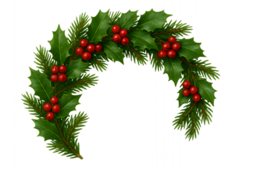 Christmas Wreath Segment — Pine, Holly & Berry Decoration (PNG)