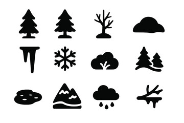 Obraz premium Snowy Landscape Icons. Snow-covered landscape. Solid icon set of Snow-covered landscape: pine tree, fir tree, bare tree, snow pile, icicle, snowflake, bush,