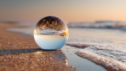 Clear sphere rests on wet sand as ocean waves approach during a golden sunset