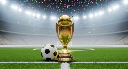 Golden soccer trophy and ball on a green field in a stadium with confetti falling football