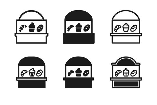 Pastry Case Logos. pastry case. Icon set. Set Logo of pastry case: bakery counter. harmonious logo variations of the same emblematic concept, each with