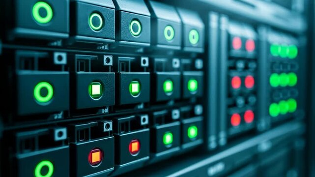 Data center server hardware featuring hard drives and indicator lights for cloud computing and data storage solutions 4K Video