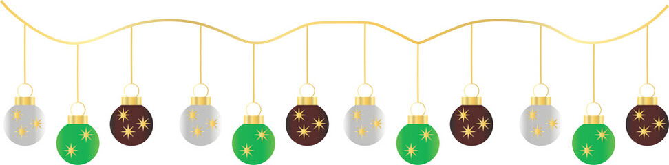 Christmas hanging ornaments garland with festive baubles on transparent background