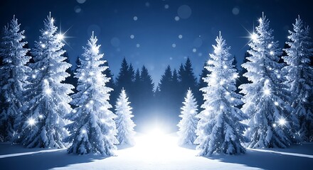 Naklejka premium Snowy Forest with Illuminated Christmas Trees at Night winter