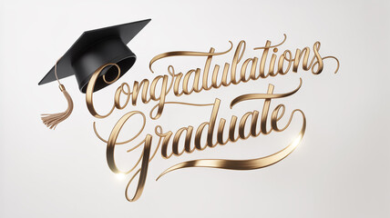 Luxury artwork with elegant ‘congratulations graduate’ gold lettering, glossy metallic accents, modern clean aesthetic, high-quality design with ribbon-wave detail and matte-black graduation cap.