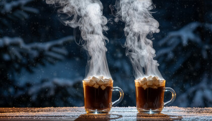 Two Hot Cocoa Mugs with Marshmallows and Strong Vertical Steam Columns Outdoor