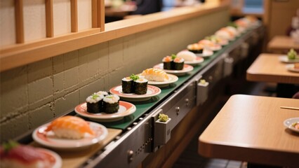 Sushi Conveyor Belt with Assorted Dishes at a Japanese Restaurant