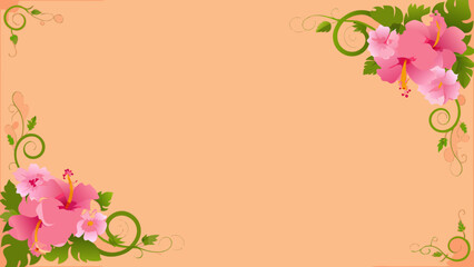 Pink hibiscus flowers and green swirls border on peach background