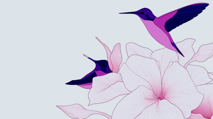 Delicate and elegant illustration of hummingbirds and flowers with Japanese chinoiserie inspiration