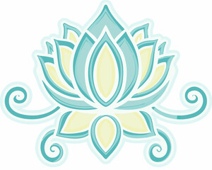 Stylized lotus flower design with swirls in teal and yellow