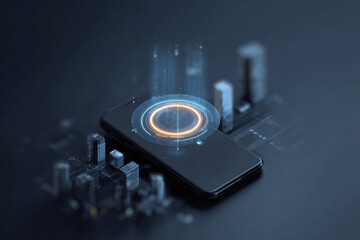 Futuristic phone displaying a holographic interface over a digital city. Captures tech innovation, connectivity, and the power of mobile communication. Perfect for tech concepts.
