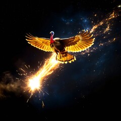 Turkey in Flight Surrounded by Sparks and Fireworks Effect